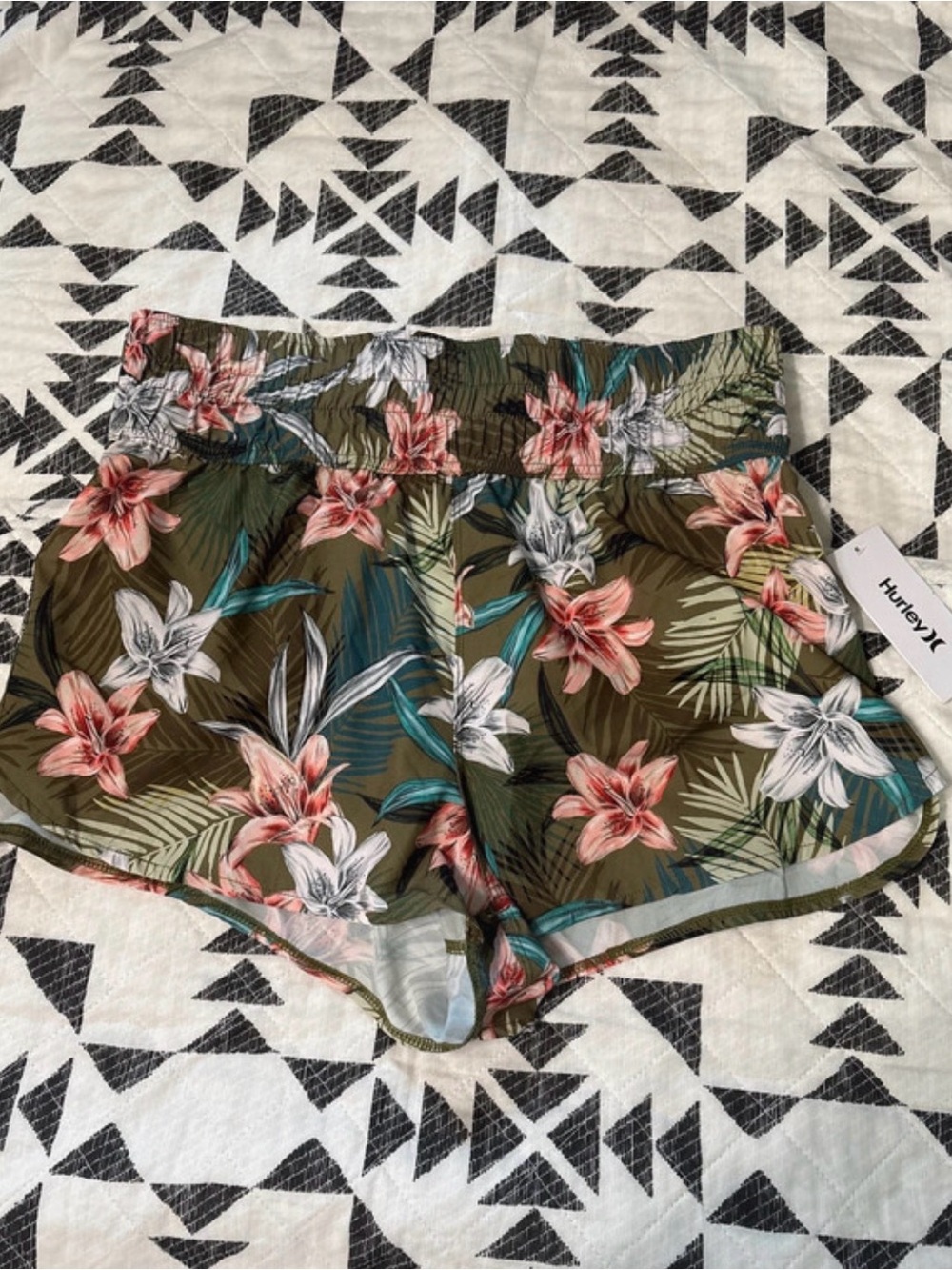 Hurley Olive Floral Drawstring Athletic Shorts with Coral and Teal Accents